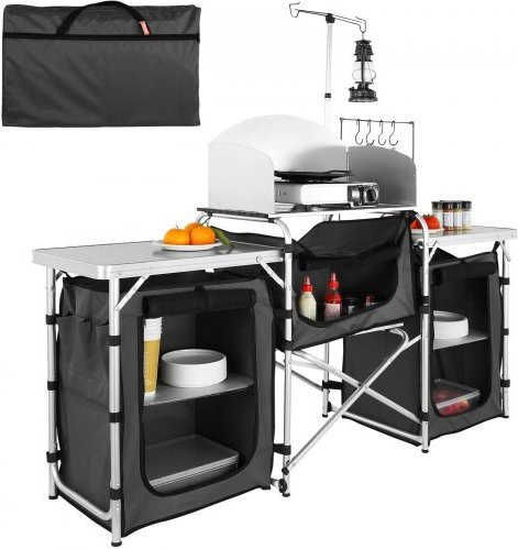 VEVOR Camping Küchentisch aus Aluminium in Schwarz, klappbarer Outdoor Kochtisch mit 3 Schränken, Windschutz und Tragetasche für Picknick und BBQ - Bild 1