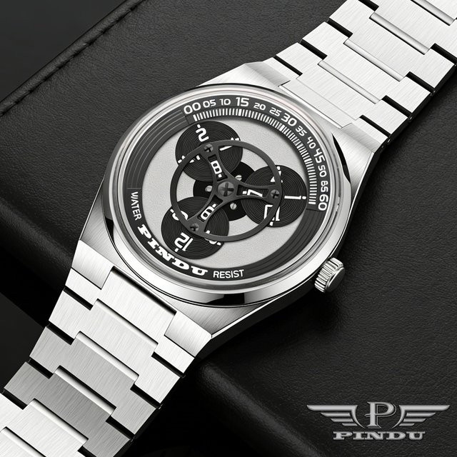 PINDU Design Herrenuhr, Automatik, Edelstahl, 40 mm, Schwarz, Silber - Bild 1