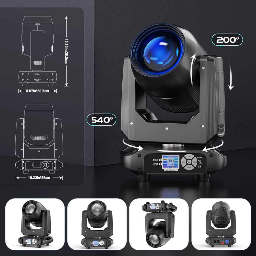 U'King Beam Moving Head LED Bühnenlicht mit 150 W, 18 Prismen, 14 Gobos und Zoom, RGB Regenbogeneffekt, Schwarz/Multicolor, DMX512 für DJ, Disco und Show - Bild 5