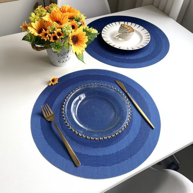 Runde Vinyl-Tischsets von inyahome in Blau, rutschfest und waschbar, gewebtes PVC für Küche und Esszimmer - Bild 1