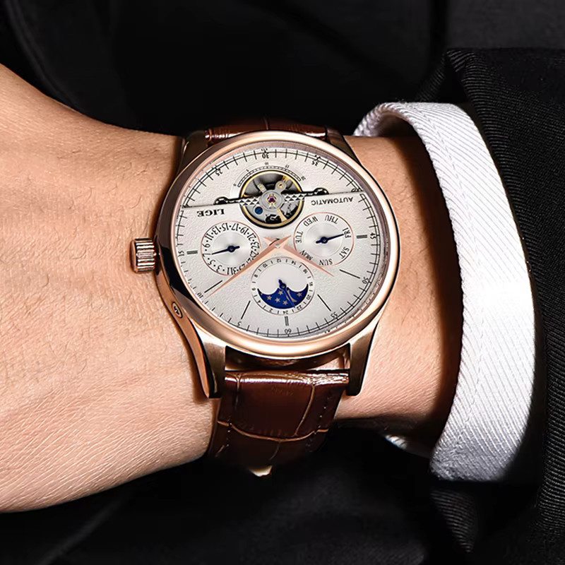 LIGE Armbanduhr Automatik, Leder, Roségold, Herren - Bild 4