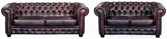Vente-unique Couchgarnitur Brenton Chesterfield in Bordeaux mit Lederbezug und Punksteppung, B/T: 160 x 201 cm - Bild 1