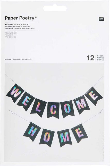 Rico Design Paper Poetry Kratzpapier Girlande mit 12 Wimpeln im Regenbogen-Muster und Holzkratzer in Schwarz - Bild 1