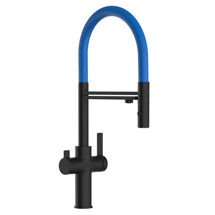 VIZIO Küchenarmatur mit 3-Wege-Niederdruck-Wasserhahn, 360° schwenkbarer Auslauf und abnehmbarer 2-Strahl-Handbrause, Schwarz Matt mit Blau - Bild 2