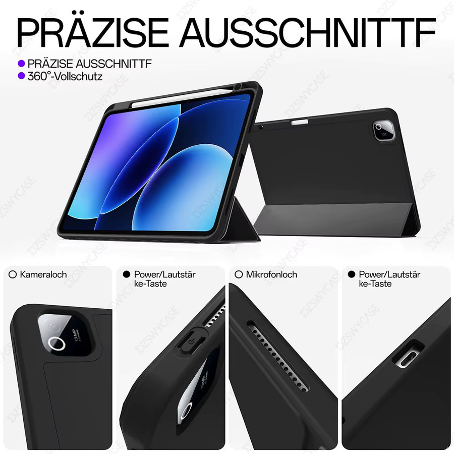 Silikonhülle für Xiaomi Pad 7/7 Pro und Xiaomi Pad 8/8 Pro 11,2 Zoll in Schwarz mit Stifthalter und Dreifach-Faltständer sowie Auto-Schlaf/Wach-Funktion - Bild 5