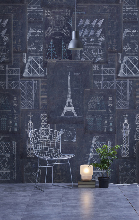 MINDTHEGAP Wandtattoo Grand Eiffel Mural in Blau mit Vintage-City-Motiv, Breite: 300 cm, Höhe: 300 cm - Bild 1
