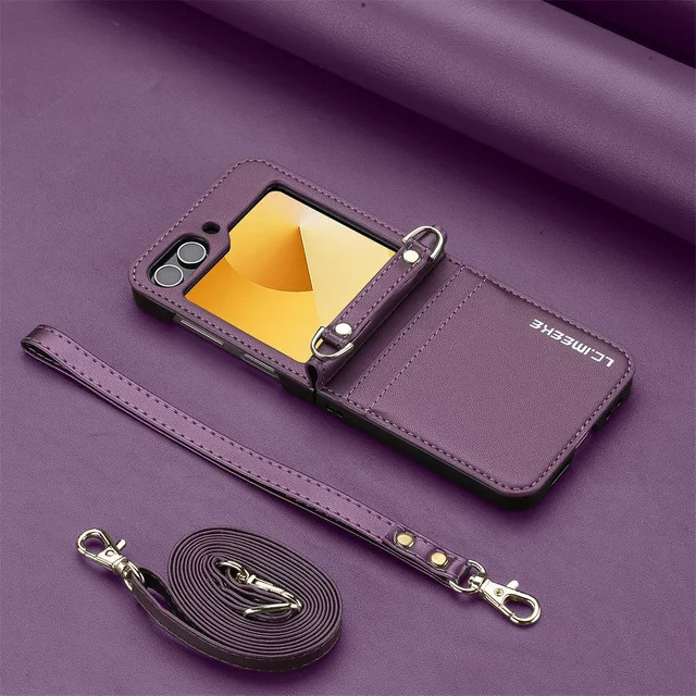 Lederne Crossbody-Geldbörsenhülle für Samsung Galaxy Z Flip 8 7 FE 6 5 4 3 5G mit Kartenhalter, Handschlaufe und Lanyard in Purple - Bild 1