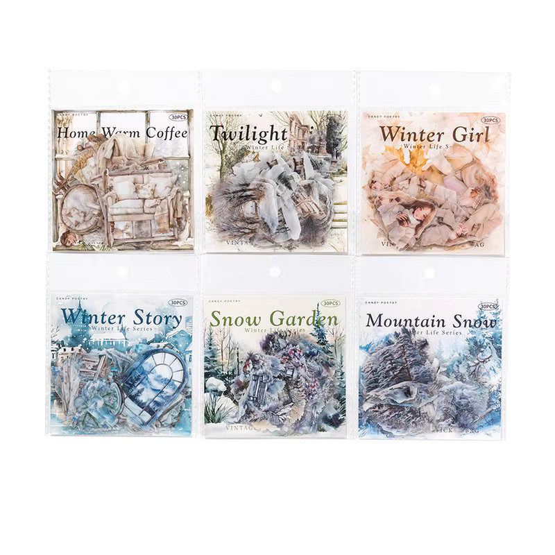 30-teiliges Snowy Winter Life Sticker Set mit Retro-Schneeszene und niedlichen Elementen in Multicolour für Planer und Bastelarbeiten - Bild 3