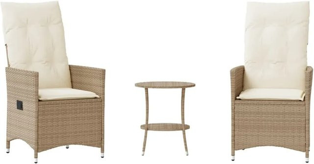 vidaXL 3-tlg Bistro-Set aus PE-Rattan mit Kissen in Beige, runder Gartentisch und 2 Stühle aus pulverbeschichtetem Stahl - Bild 1