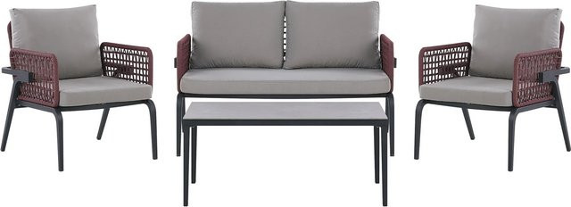 Beliani Lounge Set SCIACCA aus Aluminium mit Polsterung in Grau, Schwarz und Burgunderrot, bestehend aus 2-Sitzer Sofa, Sessel und Couchtisch, B/T/H: 72 x 131 x 80 cm - Bild 1
