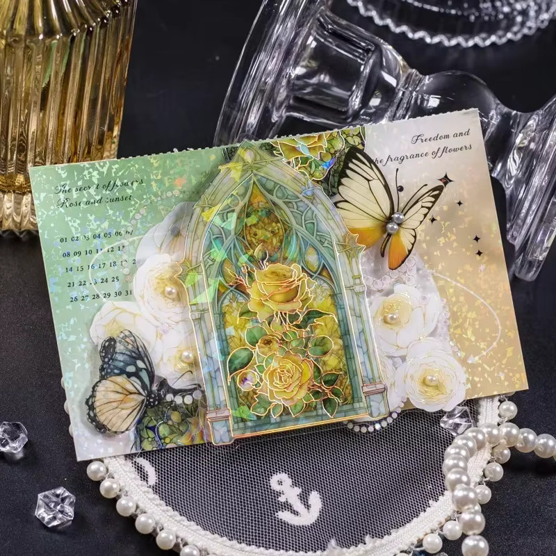 6er Set ästhetische Buntglas-Aufkleber mit Blumenmuster in Mehrfarben für dein Tagebuch - Bild 3