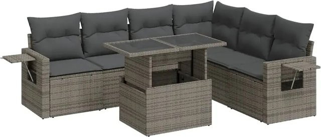 vidaXL 7-teilige Garten-Sofagarnitur in L-Form aus grauem Poly-Rattan mit Kissen und pulverbeschichtetem Stahlgestell - Bild 1