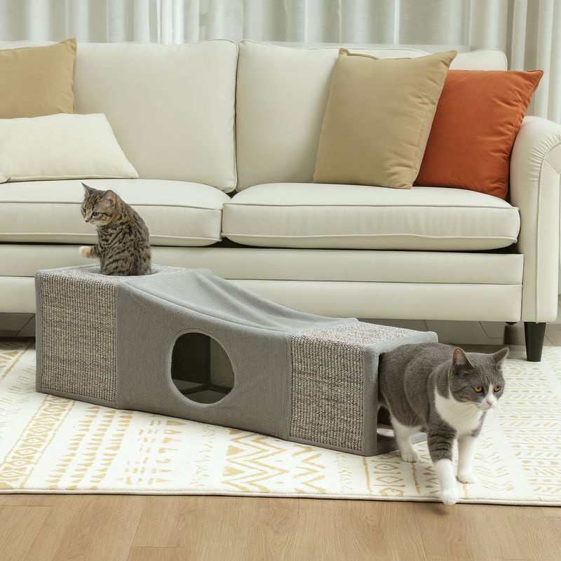 PawHut Katzentunnel mit Katzenhöhle und integriertem Spielzeug aus Sisal, Braun+Grau, B/H/L: 30 x 30 x 98 cm - Bild 2