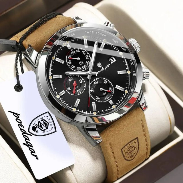 POEDAGAR Herrenarmbanduhr, Chronograph, Quarz, Lederarmband, Silber, Datum - Bild 1