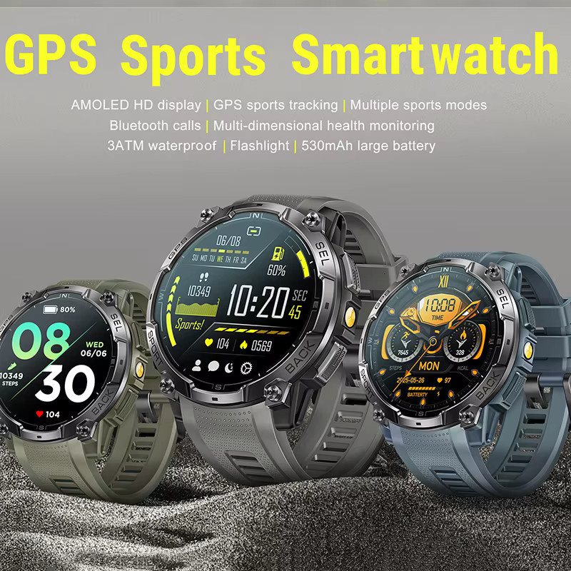 Yaocx GPS Sport-Smartwatch in Grau mit AMOLED HD-Display, Bluetooth-Anruffunktion, Kompass, Taschenlampe und Gesundheitsüberwachung, 3ATM wasserdicht - Bild 2