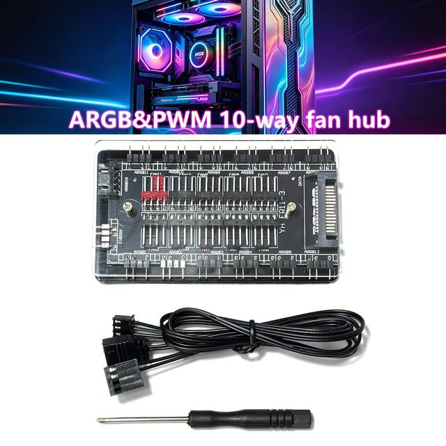 AuyiHomu Doppelter 10-Wege ARGB PWM Hub in Schwarz mit 10x 5V 3-Pin ARGB und 10x 4-Pin PWM Anschlüssen, SATA-betriebener PC-Kühlungs- und Beleuchtungs-Synchronisations-Hub - Bild 1