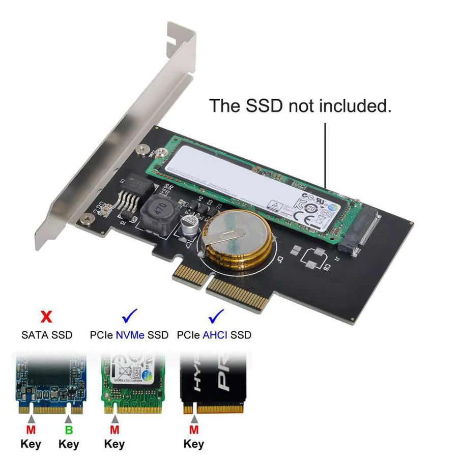 PCI-E 3.0 x4 auf M.2 NGFF M Key NVMe SSD Adapter mit 4.0F Superkondensator für Stromausfallschutz, Schwarz - Bild 2