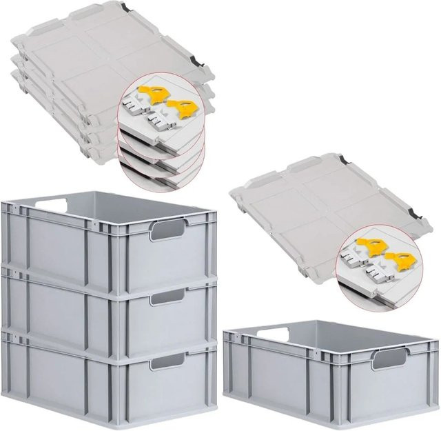 PROREGAL Spar Set 4x Eurobox Nextgen Economy mit Scharnierdeckel und gelben Schiebeschnappverschlüssen, Grau/Gelb, H x B x T: 22 x 40 x 60 cm - Bild 1
