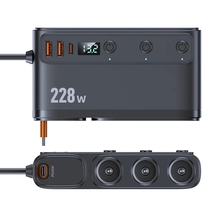 Kebidumei 228W Auto-Ladegerät in Schwarz mit 3 Zigarettenanzünder-Buchsen, 3 QC3.0 USB-Anschlüssen und 65 cm ausziehbarem PD Typ-C Schnellladegerät - Bild 2