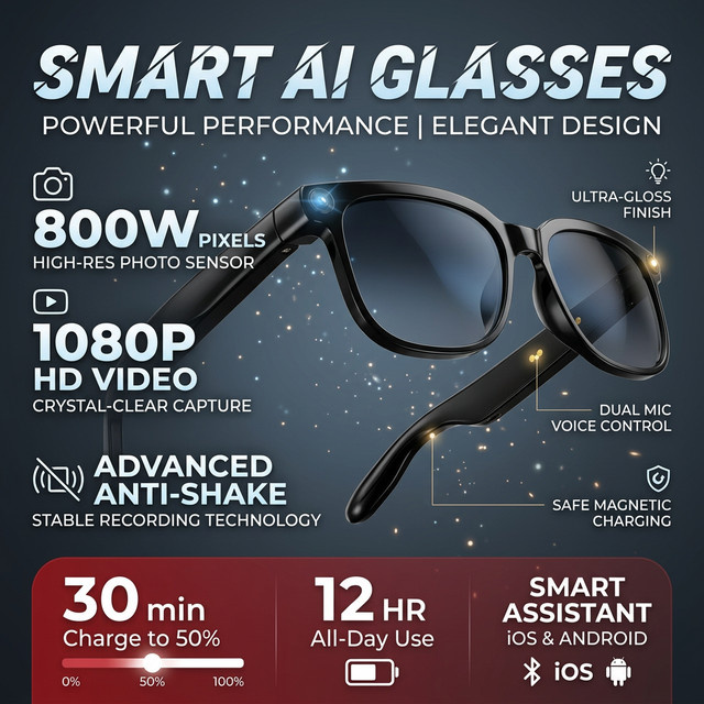 GUHUAVMI Smarte KI-Brille mit 1080P HD-Kamera, 8MP Videoaufnahme, Bluetooth 5.4 und ENC-Anrufen, kabellose Audio-Sonnenbrille in Schwarz und Transparent für Outdoor-Vlogs - Bild 1