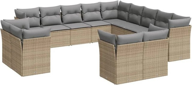 vidaXL 13-tlg. Garten-Sofagarnitur in U-Form aus Poly-Rattan mit Kissen in Beige - Bild 1