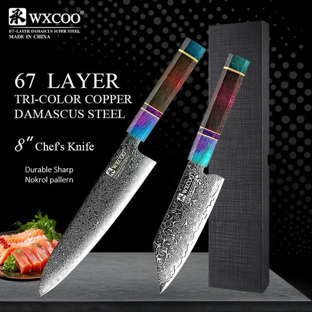 WXCOO Allzweckmesser aus Damaststahl mit Holzgriff, 12,7 cm japanisches Küchenmesser zum Schneiden von Fleisch und Obst - Bild 1