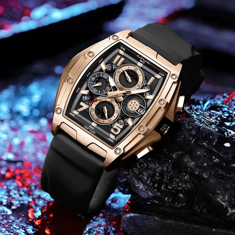LIGE Armbanduhr Chronograph, Quarz, Edelstahl, Schwarz, Herren, eckig - Bild 3