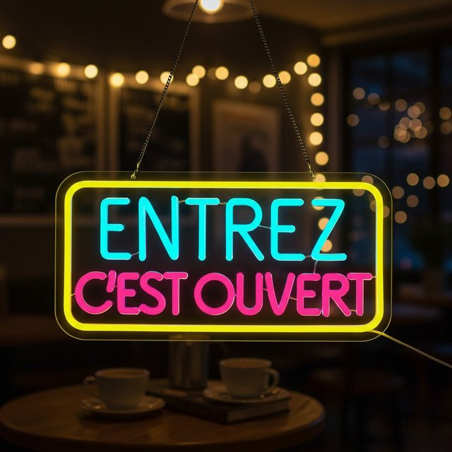 Entrez C'est Ouvert LED-Neonschild mit dimmbarer Funktion in Mehrfarbig für Geschäftsfronten und Glastüren - Bild 1