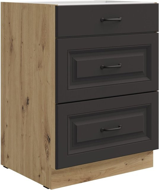 Küchen Unterschrank Stilo Grau und Eiche Artisan mit Vollauszug und Soft-Close, Breite: 60 cm - Bild 1