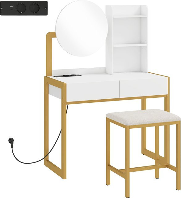 HOMCOM Schminktisch mit Spiegel, Hocker und Ladestation in Weiß mit 2 Schubladen und 3 offenen Regalen - Bild 1