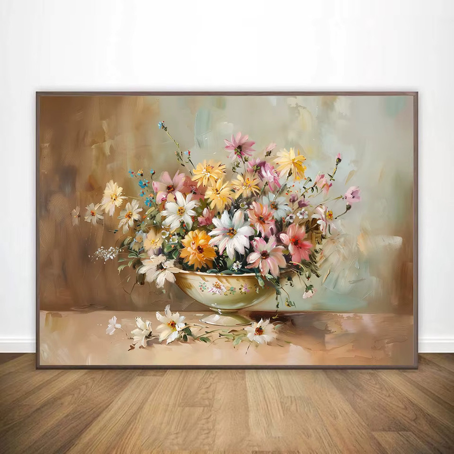 Potdemiel Rahmenloses Leinwandbild mit Wildblumen und See-Landschaft in Multicolour im Vintage-Stil - Bild 2
