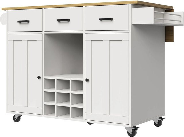 Merax Küchenwagen in Weiß mit Holzoptik, Arbeitsplatte, Gewürzregal und Handtuchhalter, B/T/H: 91,5 x 46,0 x 104,0 cm - Bild 1