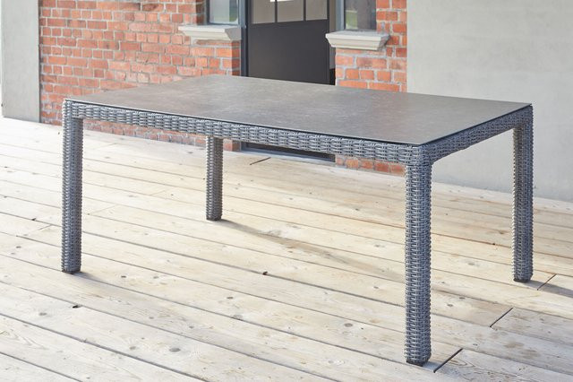 OUTFLEXX Rocking Comfort Esstisch in Grau-Braun-Meliert aus Alu, Polyrattan und Glaskeramik mit Natursteinoptik, B/T/H: 180 x 110 x 75 cm - Bild 1