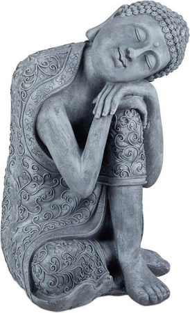 Wetterfeste Buddha Figur aus Polyresin von Relaxdays in Hellgrau mit geneigtem Kopf, H x B x T: 60 x 35 x 35 cm