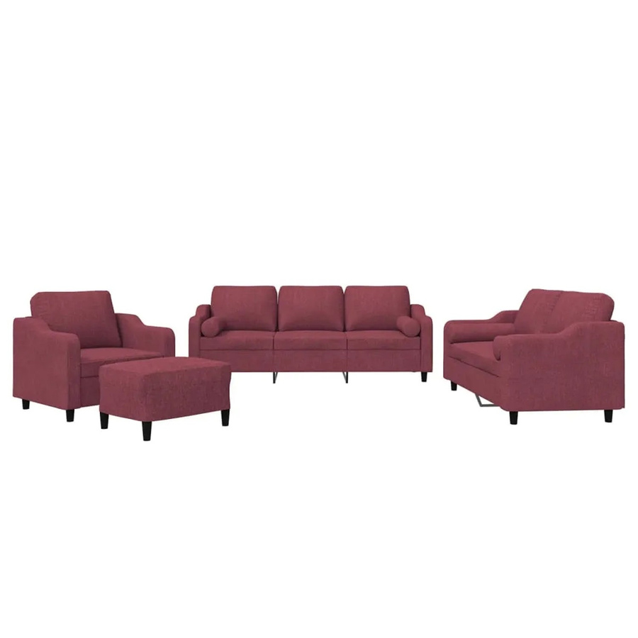 vidaXL 4-teilige Sofagarnitur in Weinrot mit Stoffbezug, bestehend aus 3-Sitzer-Sofa, 2-Sitzer-Sofa, Sessel und Fußhocker inklusive Kissen - Bild 2
