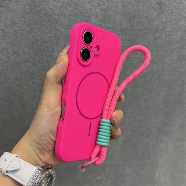 Original Candy MagSafe Flüssigsilikon Hülle für iPhone 16 Pro Max mit Lanyard-Riemen in Pink - Bild 1