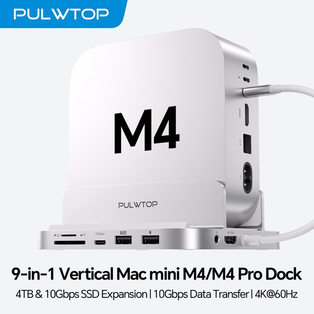 PULWTOP Mac Mini M4 Pro Dockingstation in Silber mit HDMI 4K, M.2 SSD Slot, USB-A, USB-C 10 Gbit/s, USB-A 2.0, Audio und SD/TF Slot - Bild 1