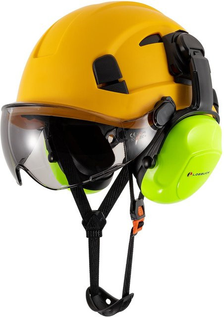 LOEBUCK Bauarbeitsschutzhelm im amerikanischen Stil mit Schutzbrille und lärmreduzierenden Industrie-Gehörschutz in Gelb - Bild 1