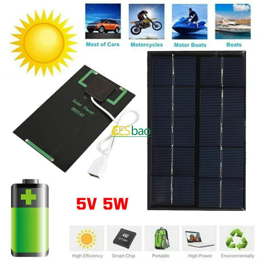EESBAO USB-Solarpanel für den Außenbereich, 5W 5V, tragbares Polysilizium-Solarladegerät in Schwarz - Bild 2