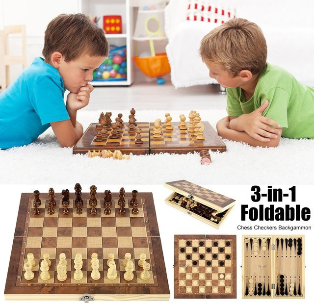 JOCESTYLE 3-in-1-Schachspielbrett, Holz, Schach- und Dame-Spiel-Set - Bild 1