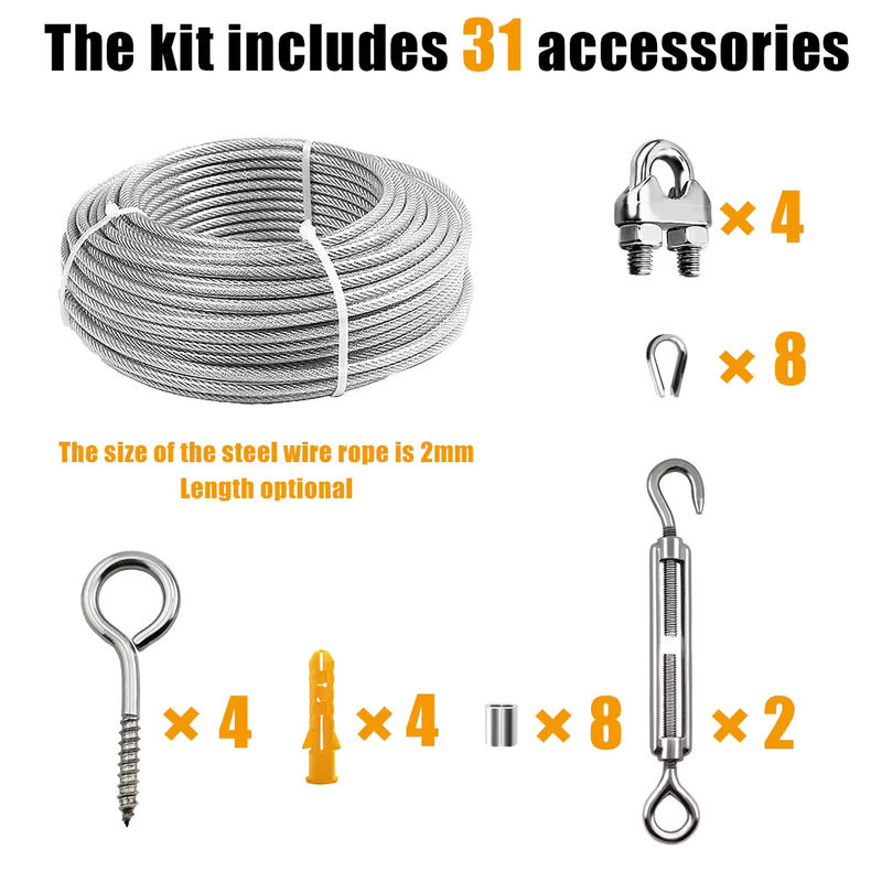 Lekefever Edelstahl Drahtseil Set mit PVC Beschichtung, 31-teiliges Kit für Camping und Wäscheleine, Silber, Durchmesser: 2 mm - Bild 2