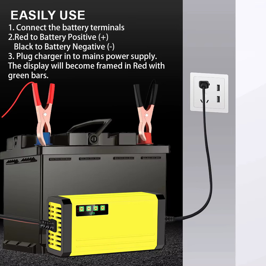 Nass-Trocken Blei-Säure Batterie Ladegerät mit LED Display und Puls-Reparaturfunktion für Auto, Motorrad und Lkw, 12V 2A, Gelb - Bild 5