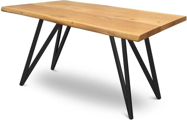 DELUKE Massivholz Esstisch KEANU aus Eiche mit Baumkante und Dreieck Gestell, Farbe: Eiche Braun, B/T: 140 x 80 cm - Bild 1