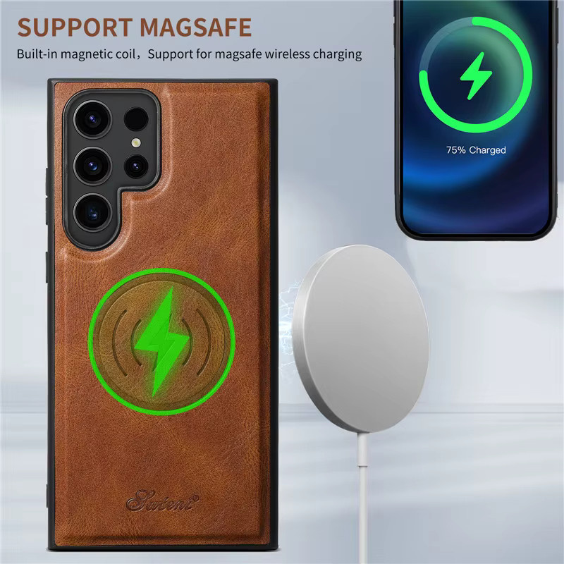 EUCAGR Luxus MagSafe Magnetische Leder-Telefonhülle mit Kartenhalter für Samsung S24 S23 S22 Plus Ultra und Note 20 Ultra in Rot oder Braun - Bild 3