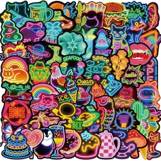 50 Stück Cartoon Neon Ästhetische PVC-Aufkleber Wasserdicht in Multicolour für DIY Gepäck und Handy - Bild 1