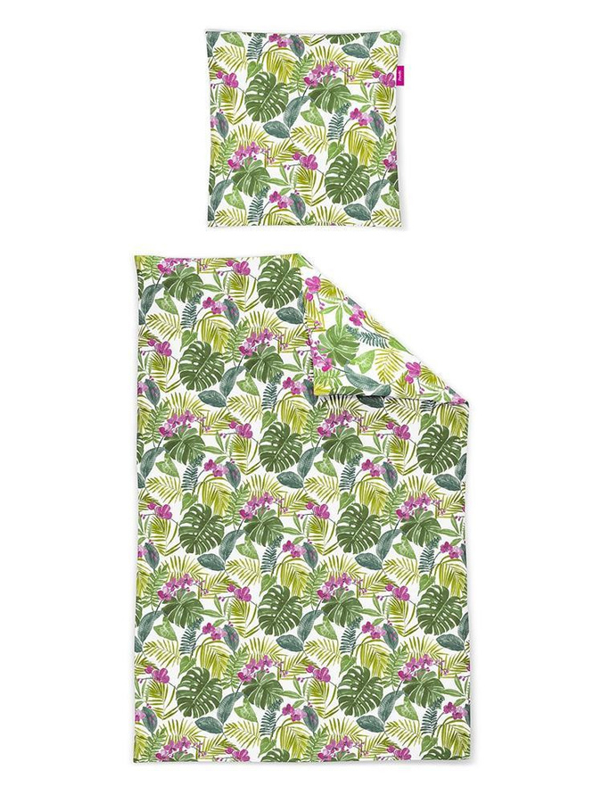Irisette Freundin Mako-Satin Bettwäsche Tropical Blätter Monstera Grün, Bettbezug 155 x 220 cm und Kissenbezug 80 x 80 cm - Bild 1