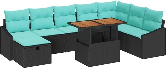 vidaXL Gartensofa-Set 9-teilig aus Poly-Rattan und Akazienholz in Schwarz mit Kissen und Stauraum - Bild 1