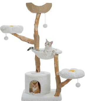 Pawz Road Kratzbaum aus Massivholz mit Höhle und integriertem Spielzeug in Weiß, Höhe: 150 cm - Bild 1