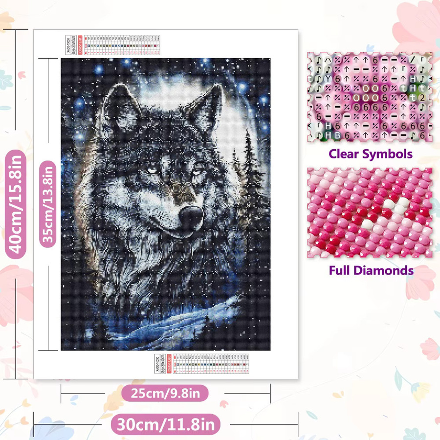 EverShine 5D Diamantmalerei Wolf DIY Mosaik Set mit rundem Layout in Multicolour zur modernen Wanddekoration B: 30,0 cm, H: 20,0 cm - Bild 2