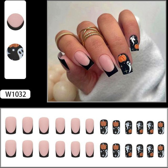 Künstliche Nägel Halloween Kürbisgeist, Black, Matt, Damen - Bild 1